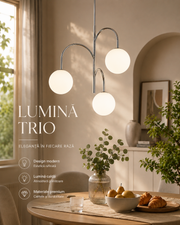 Lustra suspendata cu 3 globuri sticla mata si brate crom, soclu E27x3, design modern pentru sufragerie