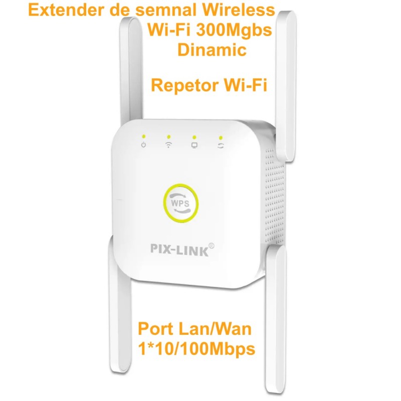 Extender semnal wireless 300Mbps cu port LAN/WAN si buton WPS, vedere frontala