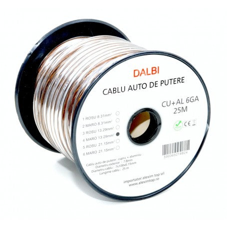 Cablu auto de putere rosu 6GA CU+AL, miez multifilar, diametru 7.8mm, rola 25m
