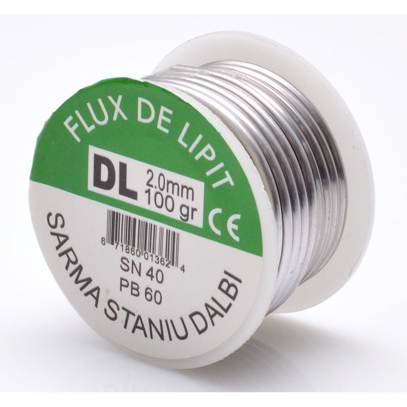 rola de fludor cu flux incorporat 2mm 100g, vedere laterala cu sarma argintie infasurata
