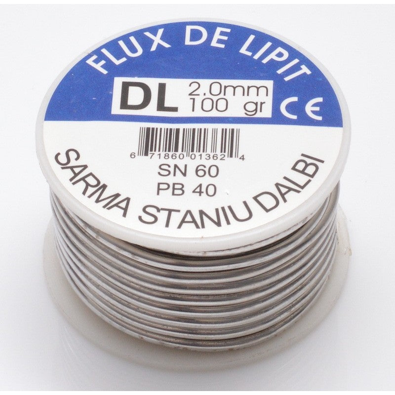 Rola sarma de lipit 2mm, 100g, aliaj cositor-plumb, vedere frontala cu eticheta