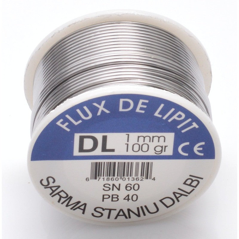 Rola sarma de lipit staniu-plumb 1mm, 100g, vedere frontala cu eticheta
