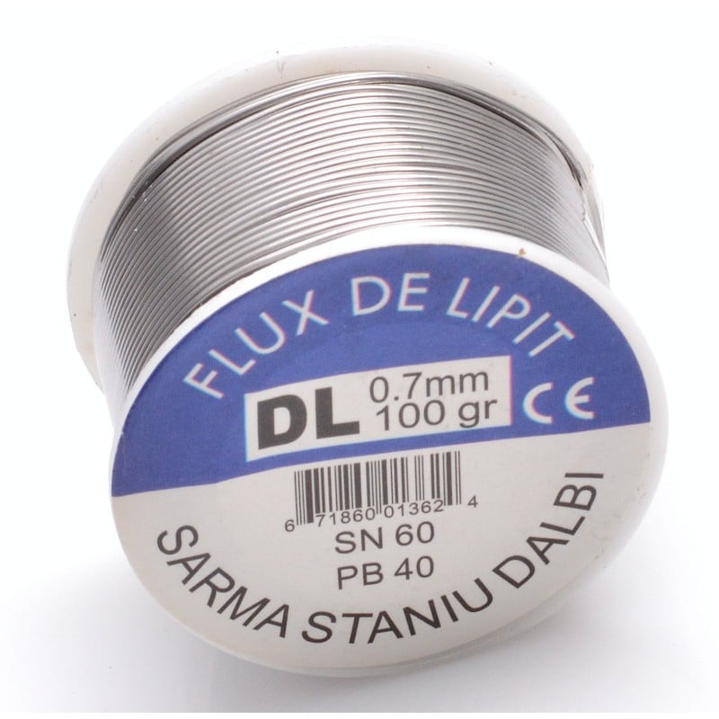 Rola sarma fludor de lipit 0.7mm 100g, vedere laterala cu spira vizibila