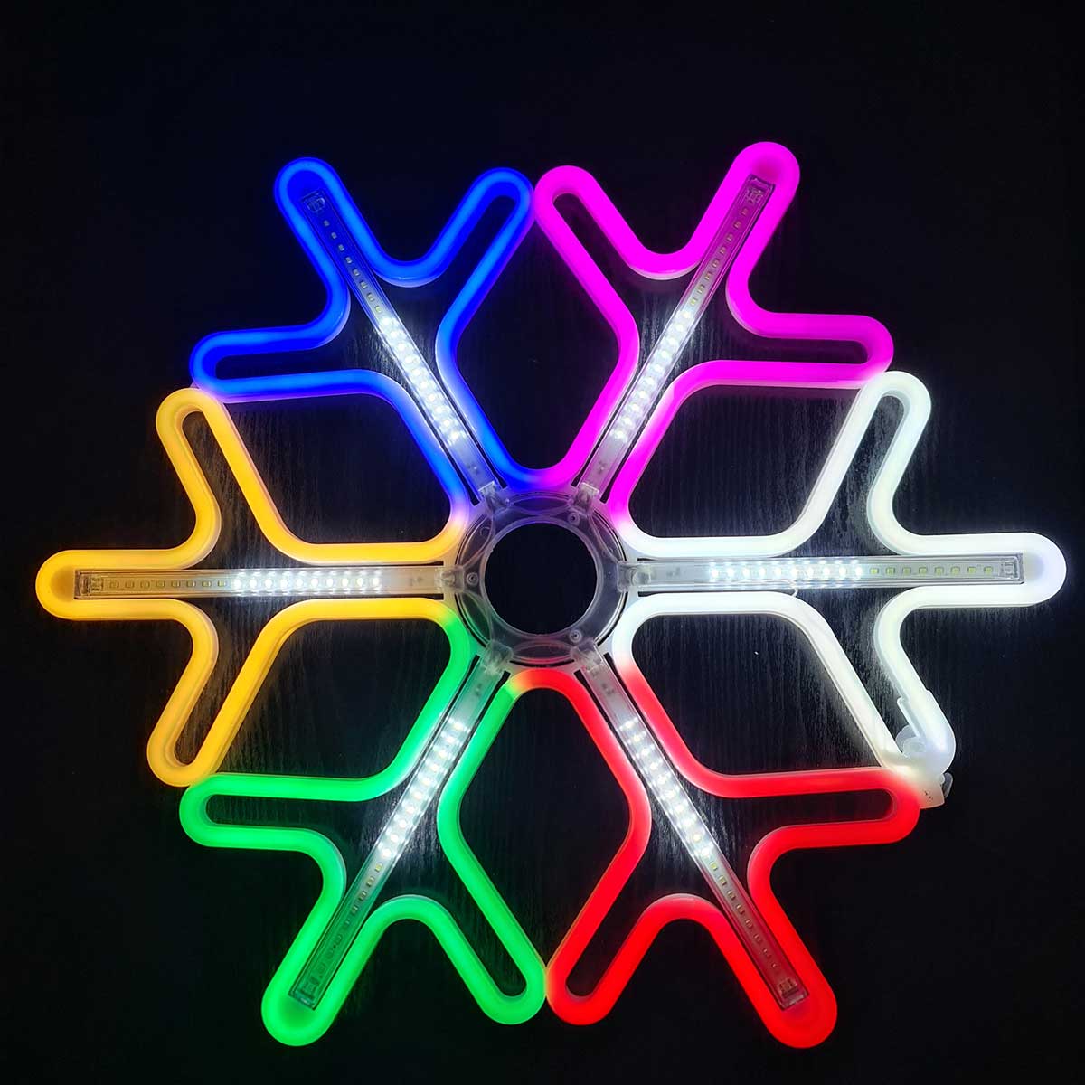 Fulg de nea LED RGB, detaliu benzi LED si tub neon in 6 culori distincte, efect luminos intens