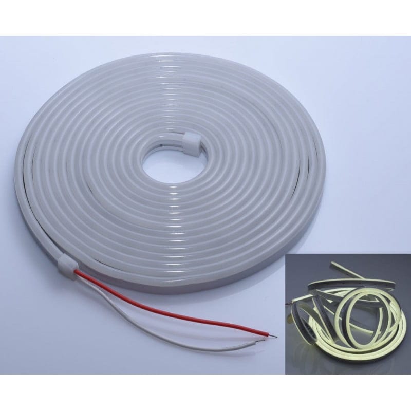 Banda neon silicon transparent rulata, cu fire de conectare 12V DC si detaliu iluminat activ