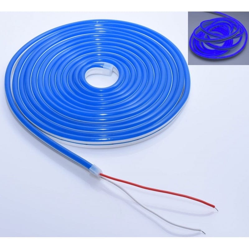 Banda neon albastra rulou 5m cu detaliu inset aprins, fire de alimentare separate