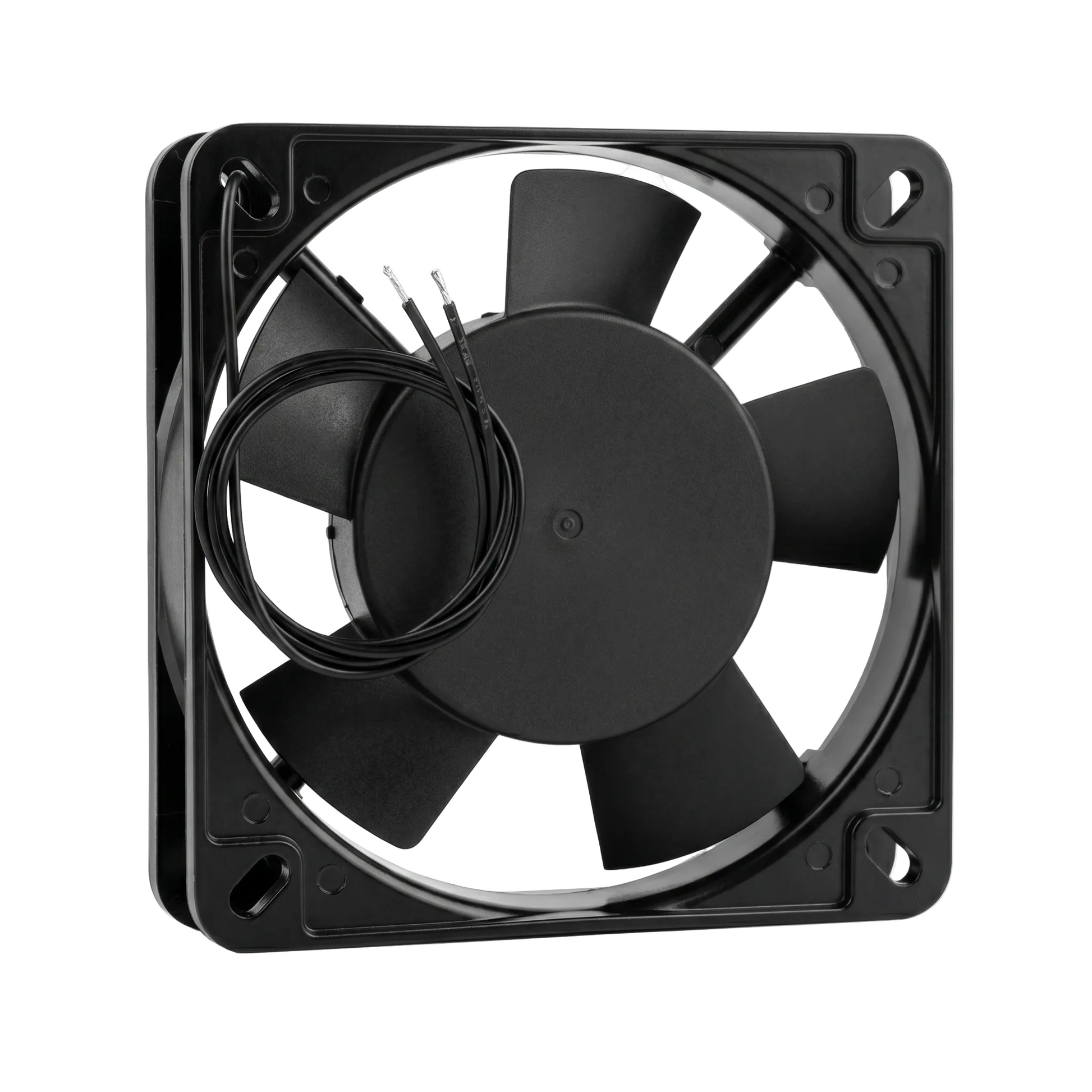 Ventilator axial AC 220V, vedere frontala spate, pale late si cadru metalic cu orificii de montaj M4