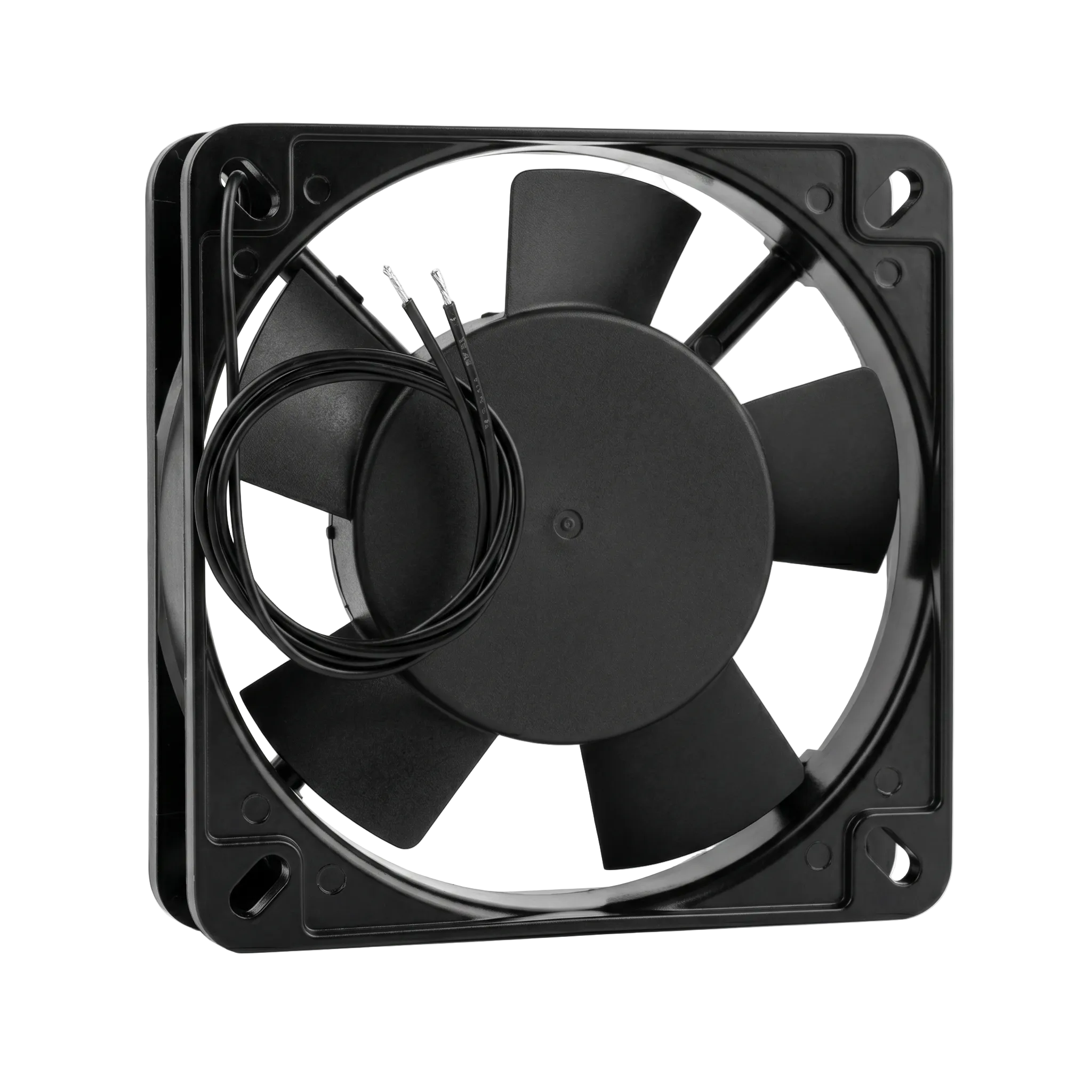 Ventilator axial AC 220V, vedere frontala spate, pale late si cadru metalic cu orificii de montaj M4