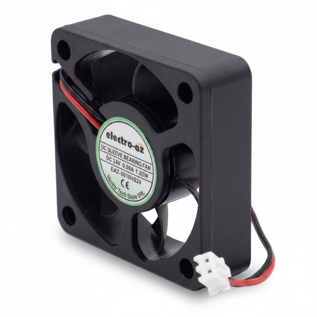 Ventilator DC cooler 50x50mm 24V, vedere laterala cu conector 2 pini si cablu bicolor