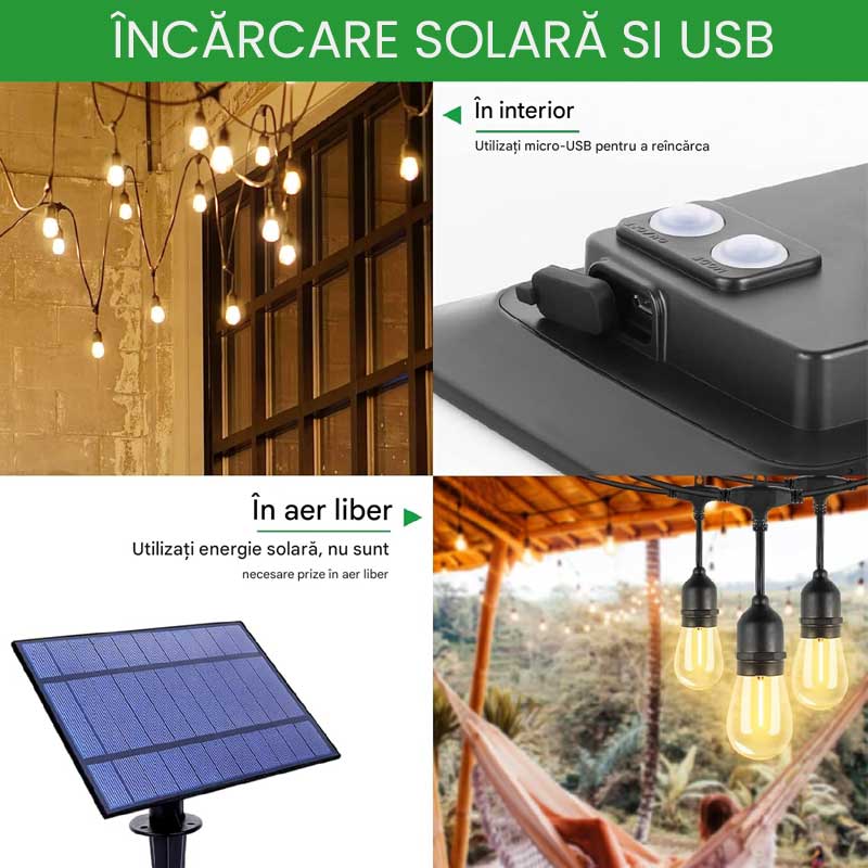 Ghirlanda solara cu incarcare dubla solar si micro-USB, utilizare interior si exterior IP65