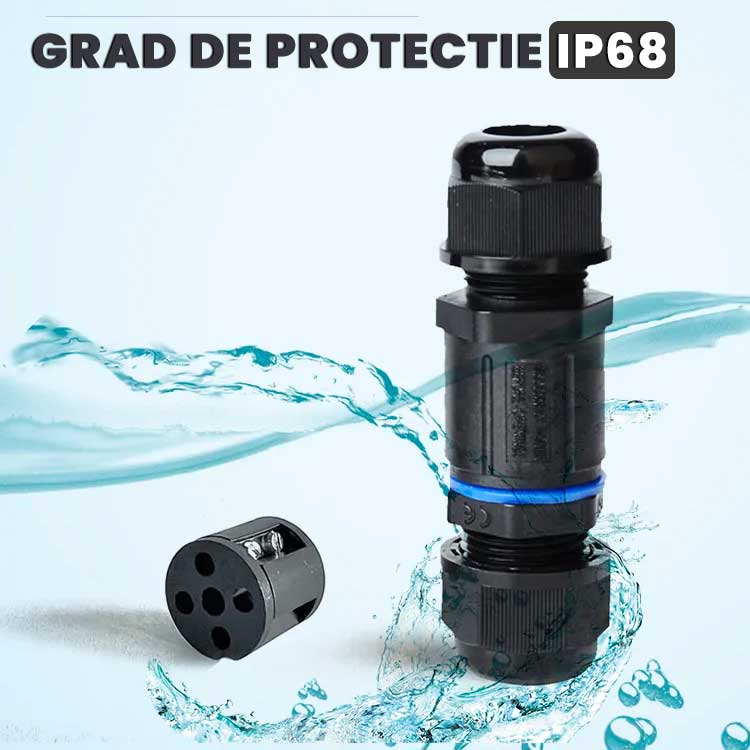 Conector impermeabil 4 poli IP68 rezistent la apa, testat in contact direct cu apa