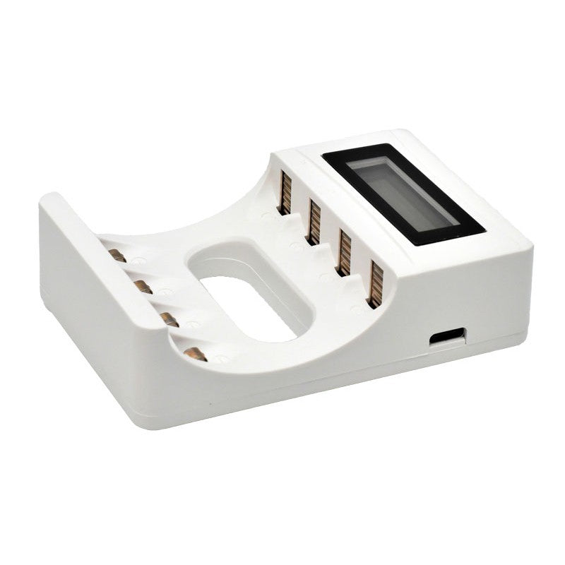 Incarcator acumulatori 4 sloturi AA/AAA cu display LCD, vedere laterala cu port USB-C