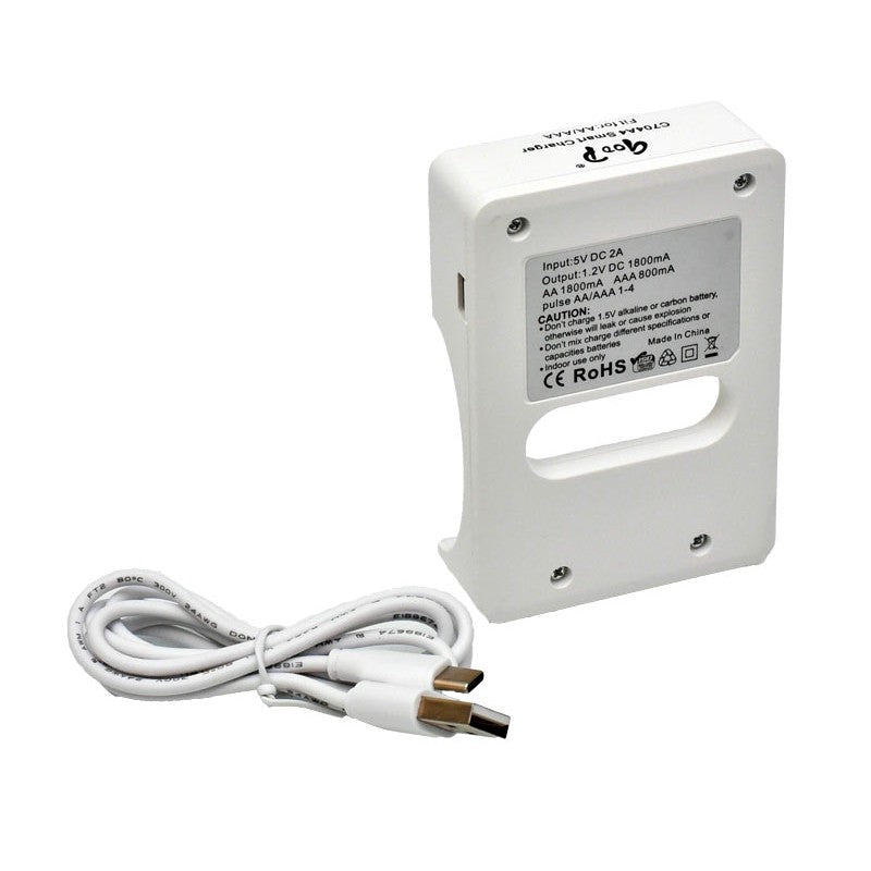 Incarcator acumulatori AA/AAA vedere spate cu eticheta tehnica, cablu USB-A la USB-C inclus