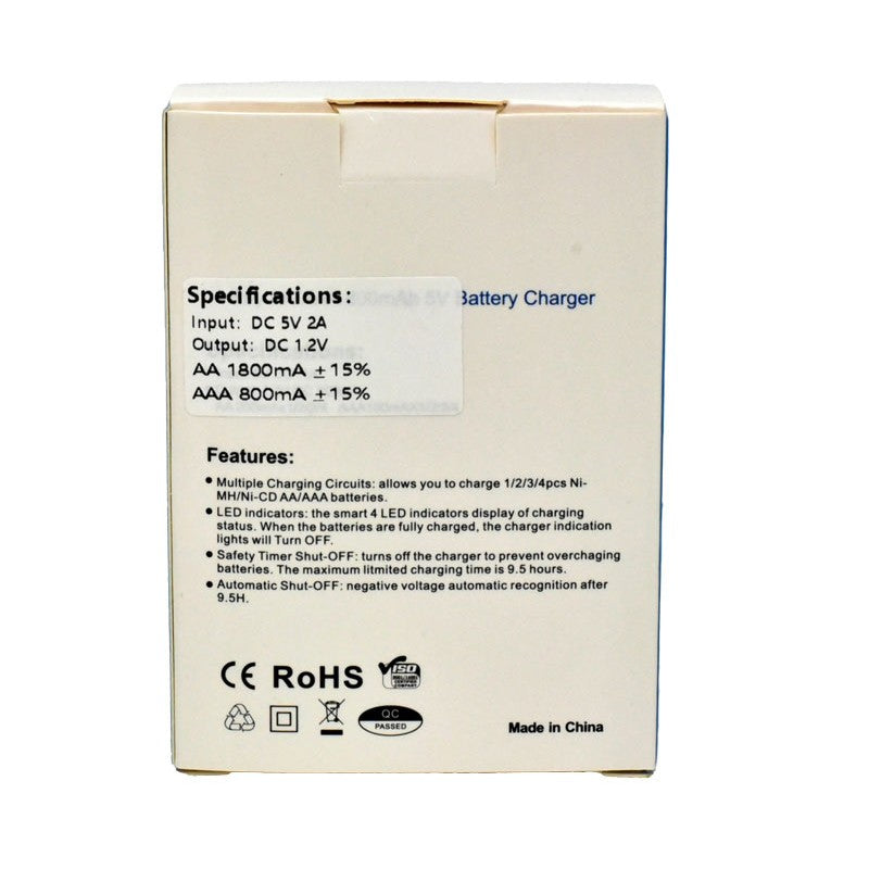Cutie incarcator acumulatori AA 1800mA AAA 800mA, specificatii tehnice si certificari CE RoHS