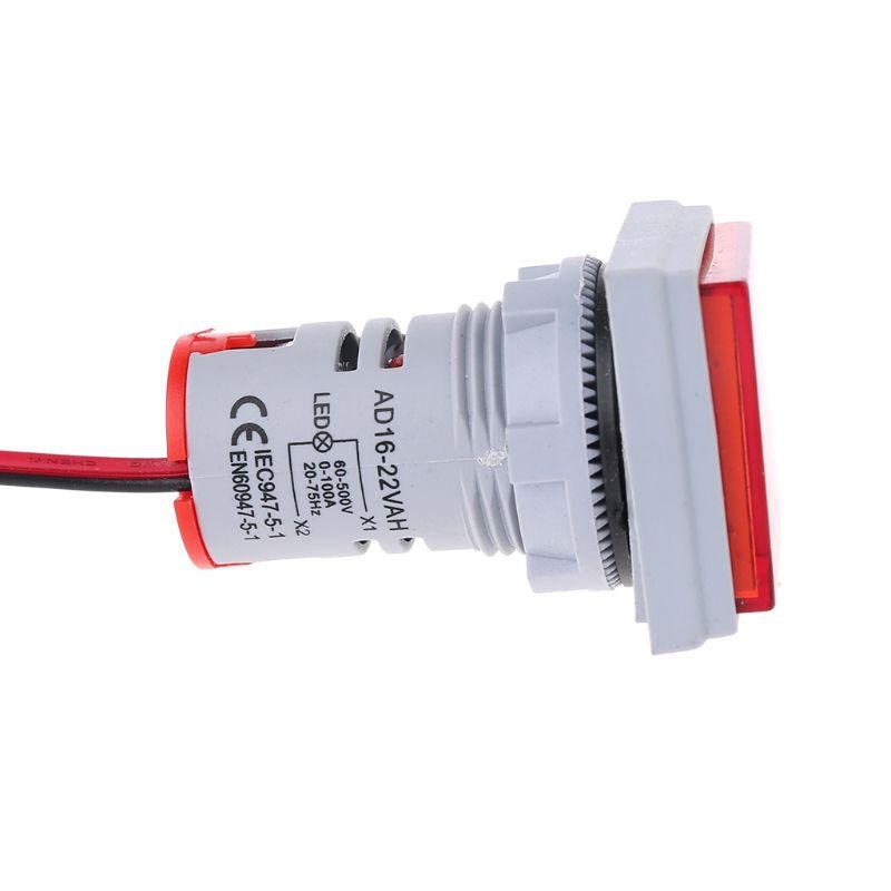 Indicator digital LED patrat rosu, vedere laterala cu eticheta tehnica, montaj panou 22mm, 60-500V