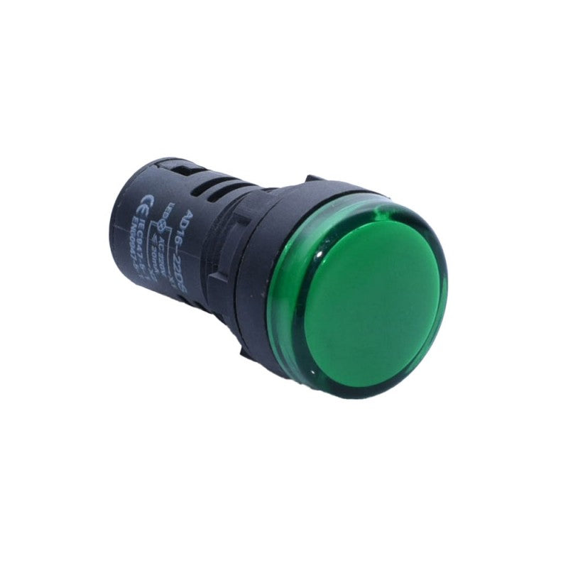 Indicator martor LED verde 220V AC, 20mA, montaj panou 22mm, carcasa neagra cilindrica