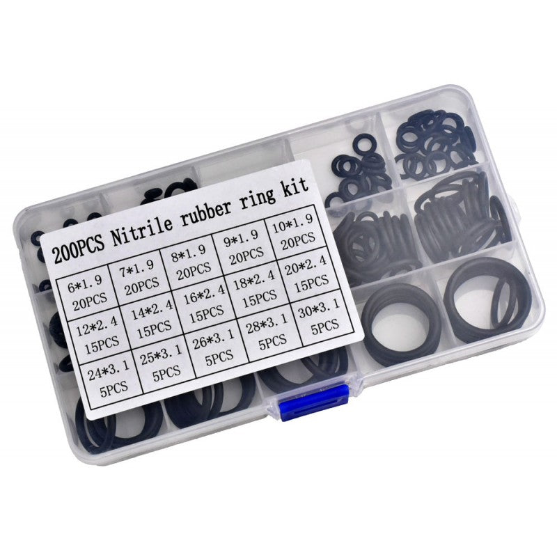 Kit 200 inele O-ring nitril in cutie transparenta cu eticheta dimensiuni, marimi 6 pana la 30 mm