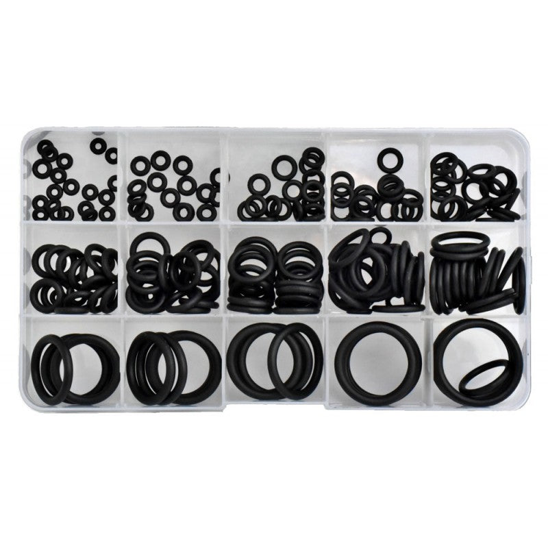 Kit inele O-ring nitril vazut de sus, sortate pe marimi in cutie plastica cu compartimente