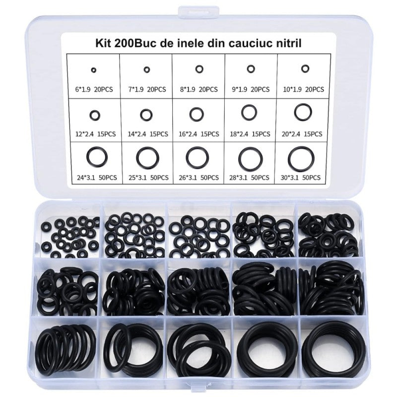 Kit 200 inele O-ring nitril cu diagrama dimensiuni de la 6x1.9 la 30x3.1 mm, cutie compartimentata