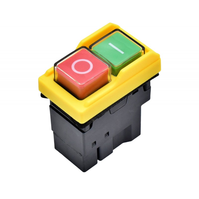 Intrerupator electromagnetic 4P ON/OFF, 10A 240V IP54, butoane rosu-verde, carcasa galbena, protectie suprasarcina