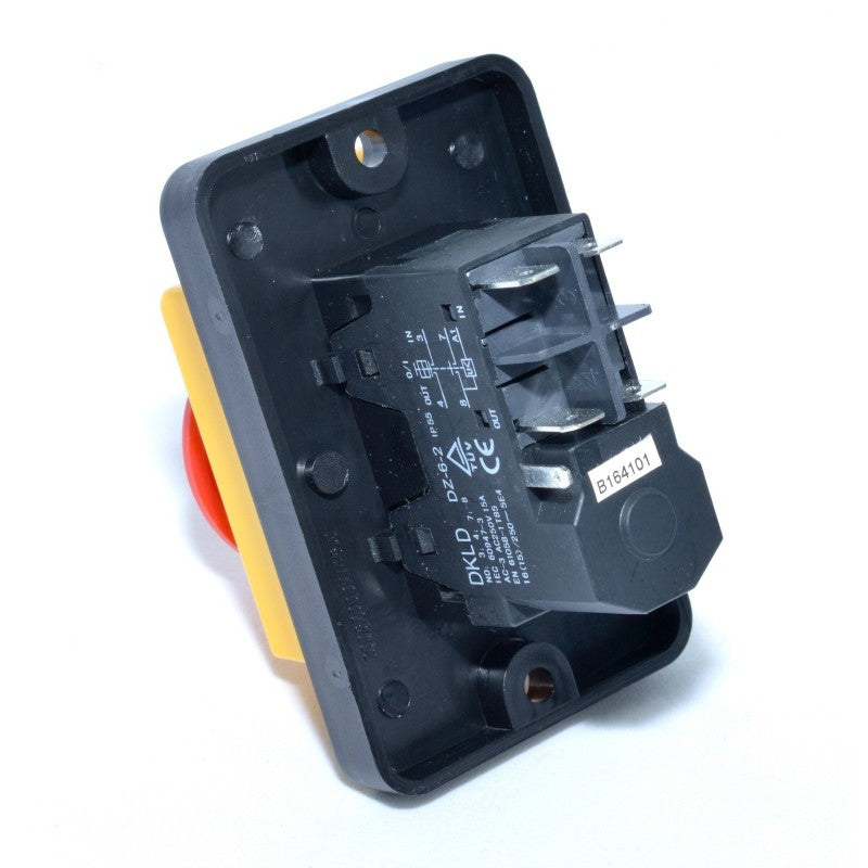 Intrerupator industrial 220V 16A, vedere spate cu borne de conectare si eticheta tehnica