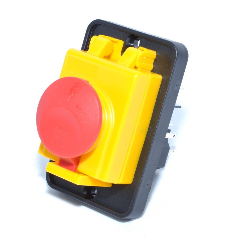 Intrerupator cu releu termic, capac de protectie inchis cu buton urgenta rosu, carcasa galbena