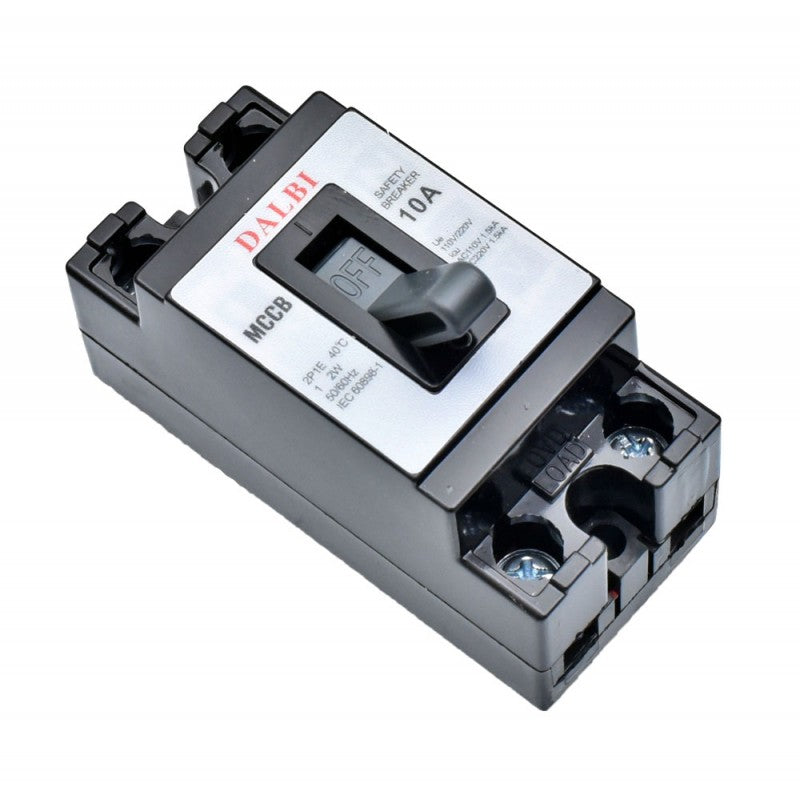 intrerupator MCCB 10A bipolar vedere laterala, borne de conectare vizibile, 110V/220V
