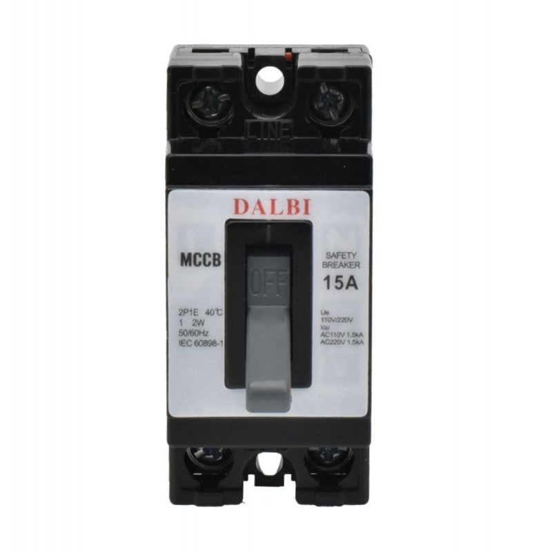 Intrerupator automat MCCB 15A 110V/220V, vedere frontala cu borne LINE superioare si levier gri