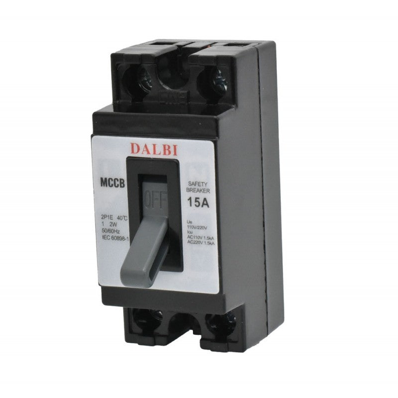 Intrerupator automat MCCB 15A 2P, profil frontal cu maner de comutare si eticheta de specificatii