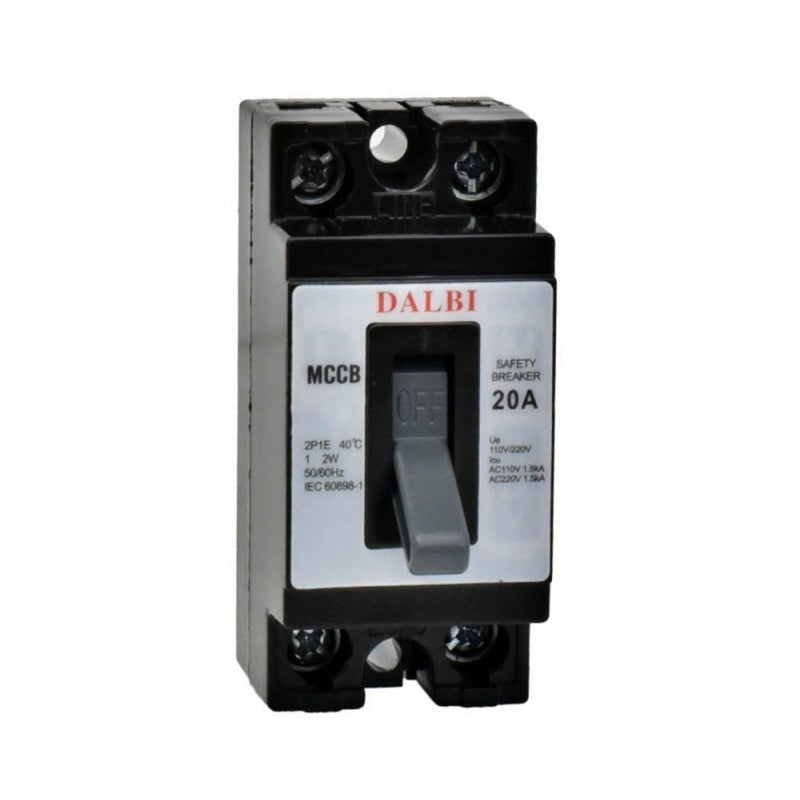 Intrerupator MCCB 20A bipolar vedere frontala, eticheta tehnica cu specificatii 20A 110V-220V AC