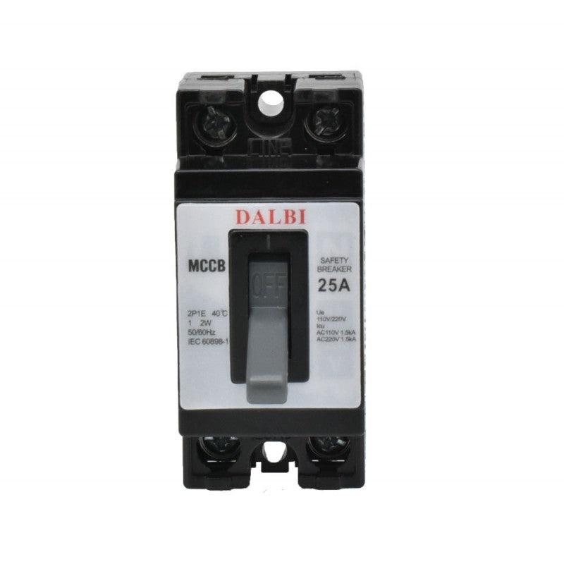 Intrerupator MCCB 25A bipolar 220V vedere din fata, pozitie OFF, borne intrare si iesire