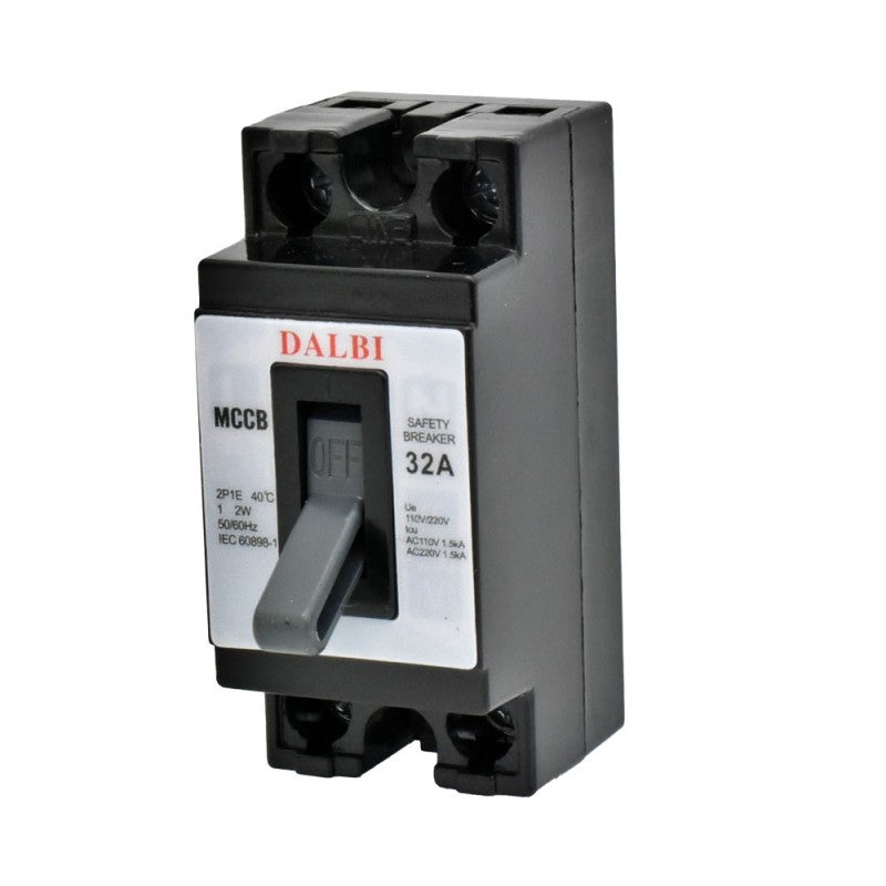 Intrerupator automat MCCB 32A bipolar, vedere frontala cu maneta OFF si borne de conectare