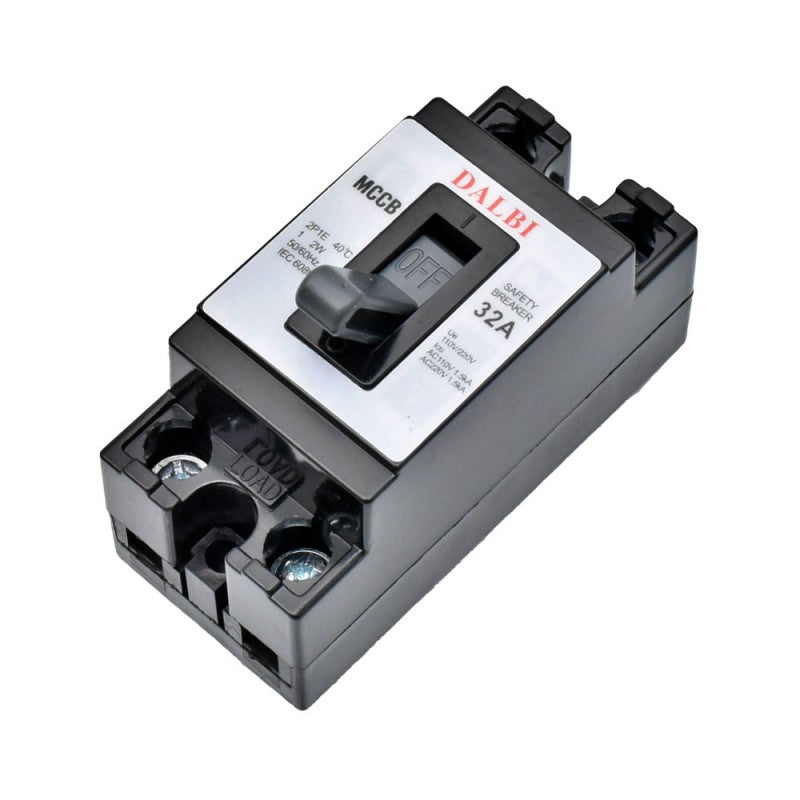 Intrerupator MCCB 32A bipolar 220V, vedere laterala cu borne de iesire LOAD vizibile