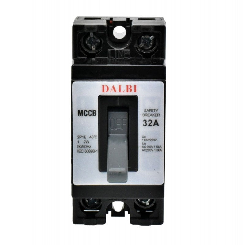 Intrerupator automat MCCB 32A bipolar 110V/220V, vedere frontala completa cu maneta OFF