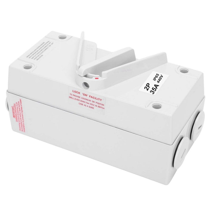 Intrerupator izolator waterproof 2P 35A 440V IP65, vedere laterala cu facilitate de blocare ON