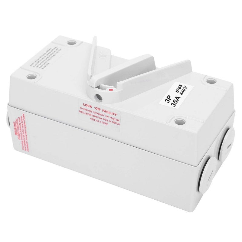Intrerupator izolator waterproof IP65 440V, vedere laterala cu facilitate de blocare in pozitia ON