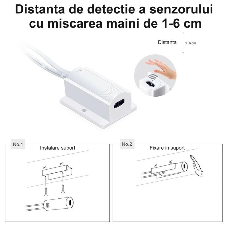 Schema instalare senzor miscare mana distanta detectie 1-6 cm, montaj cu suport si suruburi
