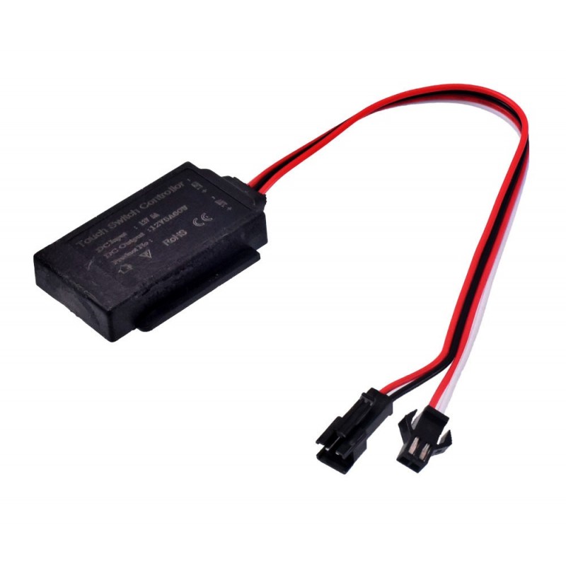 Controler touch switch pentru banda LED 12V, vedere detaliata cu eticheta tehnica si conectori