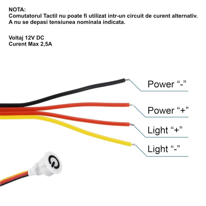 Schema conectare intrerupator touch 12V 2.5A, codificare culori fire Power si Light