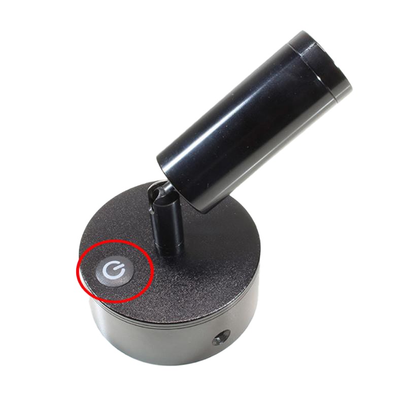 Intrerupator touch montat pe aplica LED, buton de control vizibil pe baza rotunda neagra