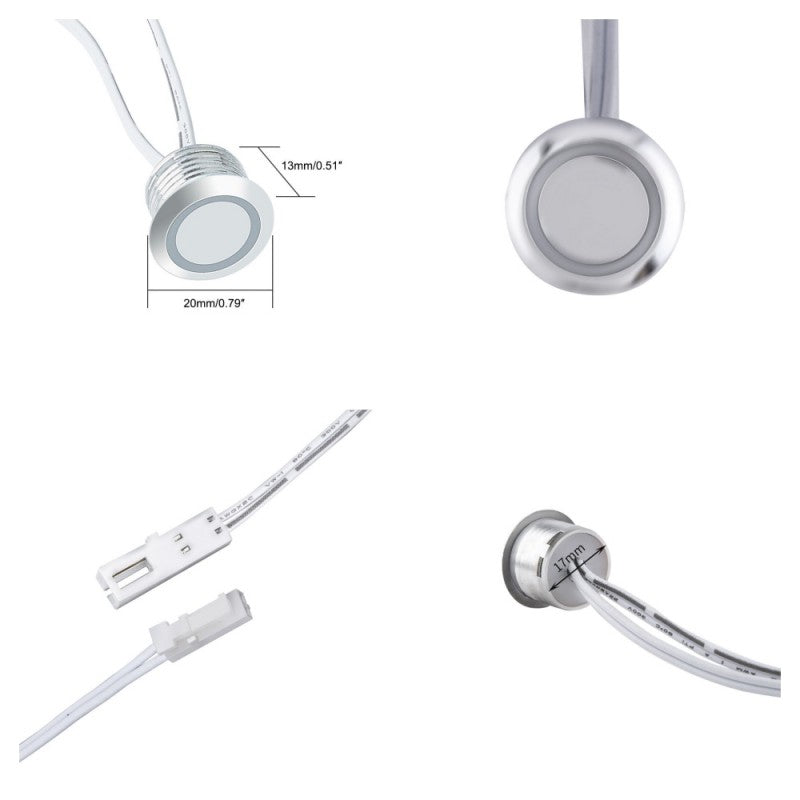 Intrerupator touch senzor 20mm diametru, detalii dimensiuni, conector si filet de montaj 17mm
