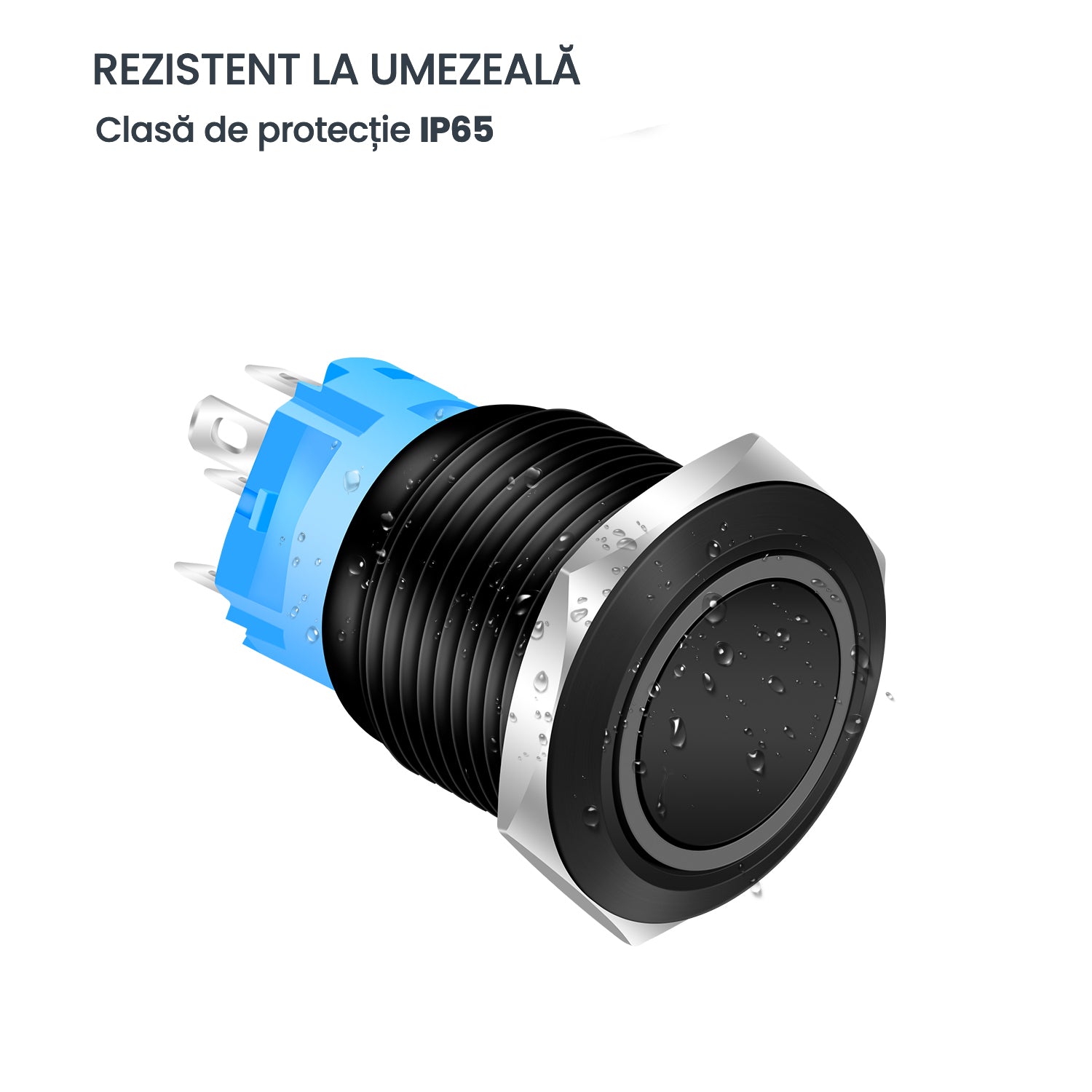 Buton push metalic negru 19mm rezistent la apa, protectie IP65, picaturi vizibile pe suprafata