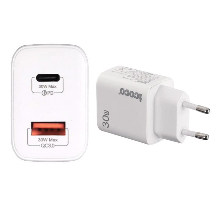 Incarcator dublu 30W cu port USB-C PD si USB-A QC3.0, compact, pentru priza, incarcare rapida