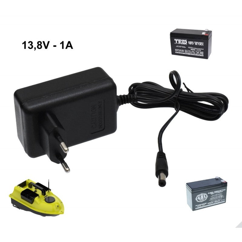 Incarcator plumb-acid 13,8V 1A compatibil cu acumulatori 12V pentru barcute si echipamente portabile