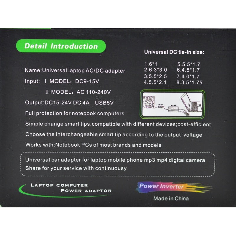 Specificatii tehnice alimentator universal laptop 100W, iesire DC 15-24V 4A si USB 5V, compatibil multiple dimensiuni DC