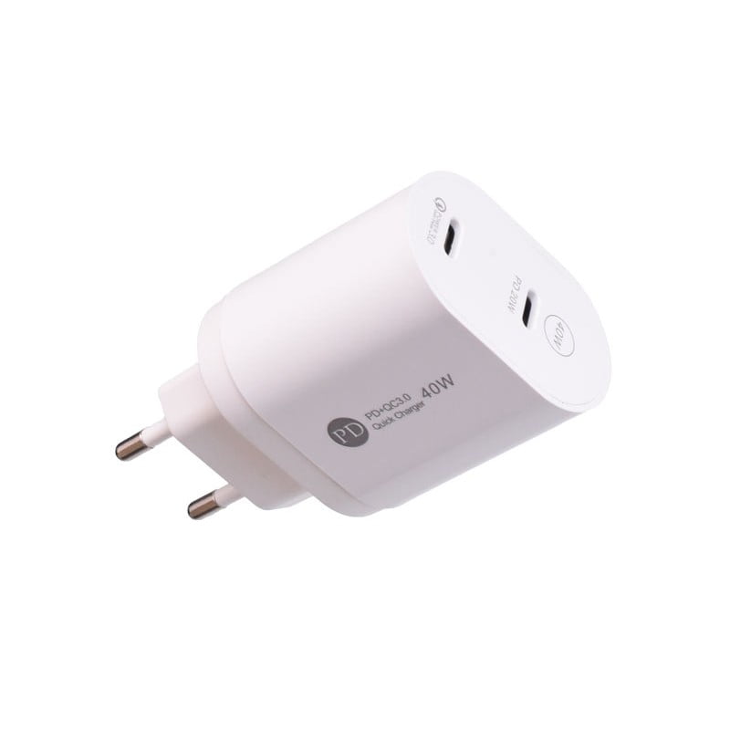 Incarcator rapid 40W dual Type-C, vedere laterala cu ambele porturi USB-C vizibile, design compact alb
