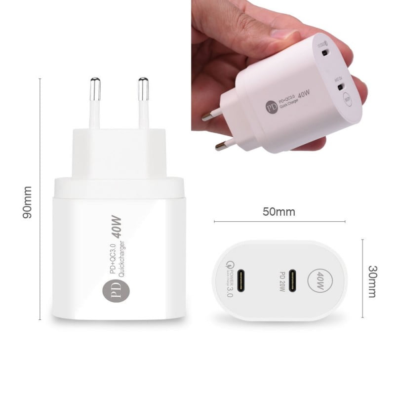 Incarcator 40W dual USB-C vazut din mai multe unghiuri, dimensiuni 90x50x30mm, porturi PD 20W si QC3.0