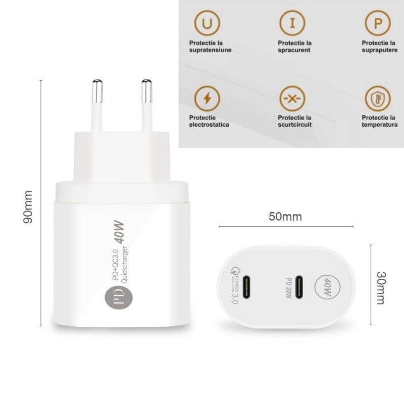 Incarcator 40W dual PD cu protectii integrate: supratensiune, scurtcircuit, supraincalzire si electrostatic