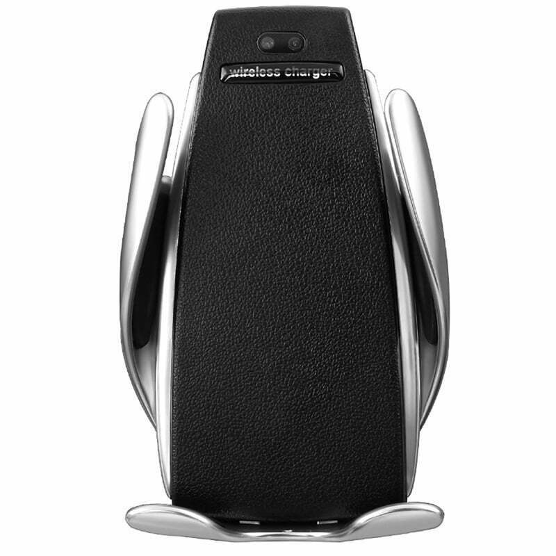 Suport auto wireless 10W vedere frontala, suprafata piele ecologica, brate argintii, senzor infrarosu