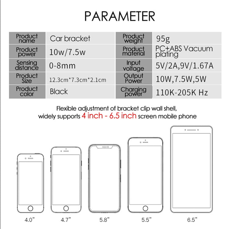 Tabel specificatii suport auto wireless: putere 10W, tensiune intrare 5V/9V, compatibil ecrane 4-6.5 inch